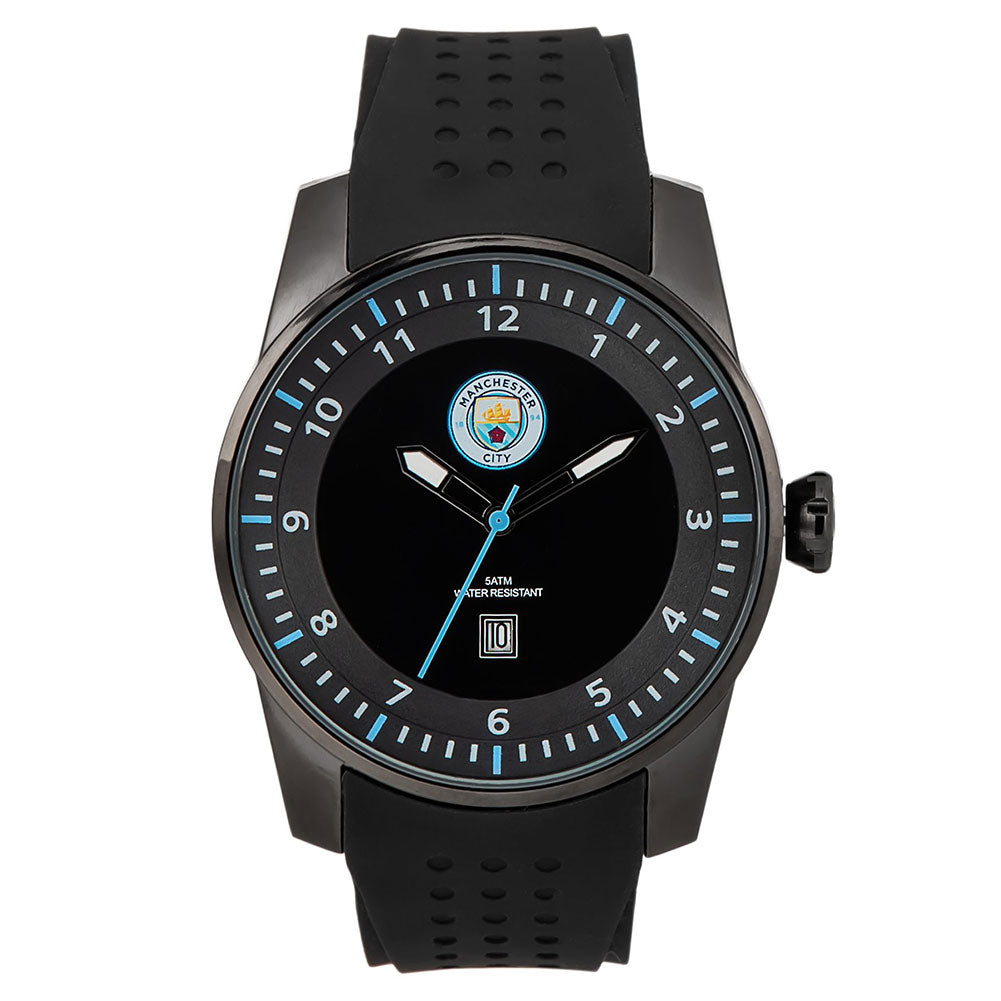 Black metal watch with a sleek black silicone strap, and a black stainless steel face and buckle