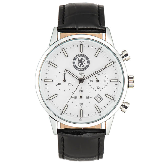 Classic mens white watch with a silver casing and a genuine leather black strap