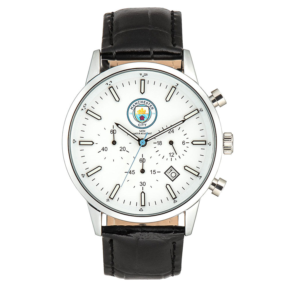 Classic mens white watch with a silver casing and a genuine leather black strap