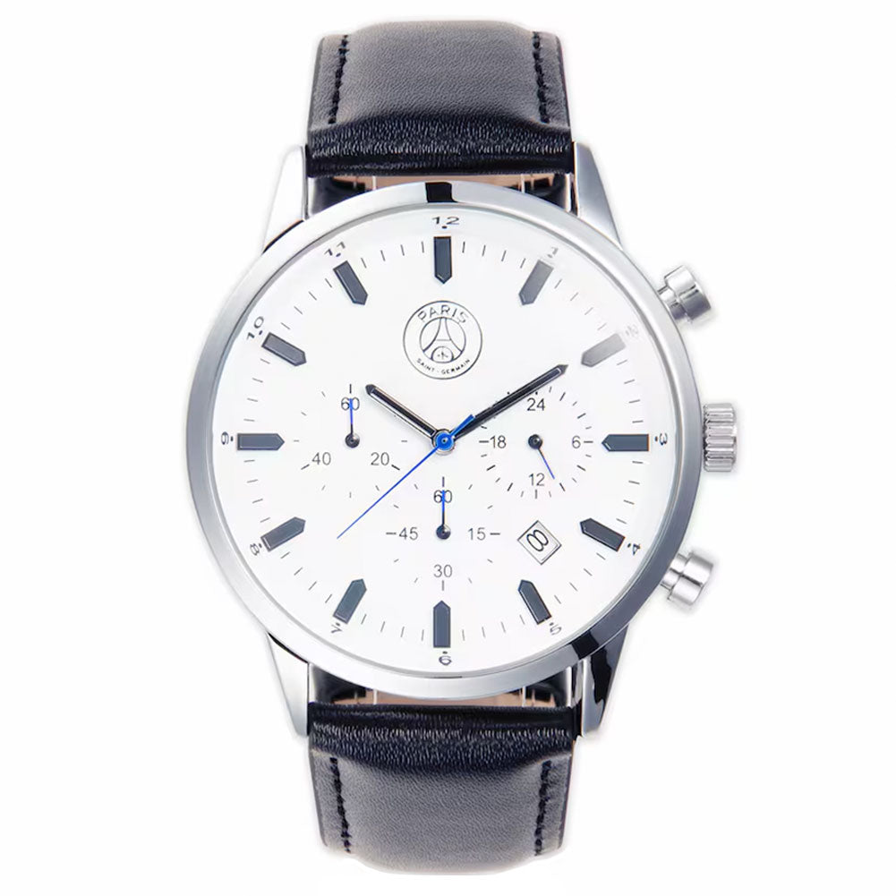 Classic mens white watch with a silver casing and a genuine leather black strap