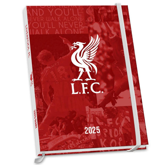 Red hardback 2025 week to view diary, Featuring the Liverpool FC crest in white 