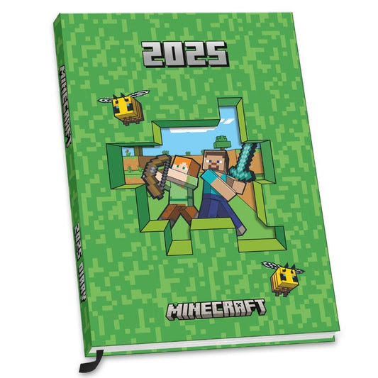 Hardback 2025 week to view diary, Green diary featuring Steve and Alex on the front cover 