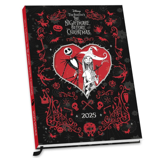 Hardback 2025 week to view diary, Black and red diary featuring Jack Skellington, Sally and other characters from the movie