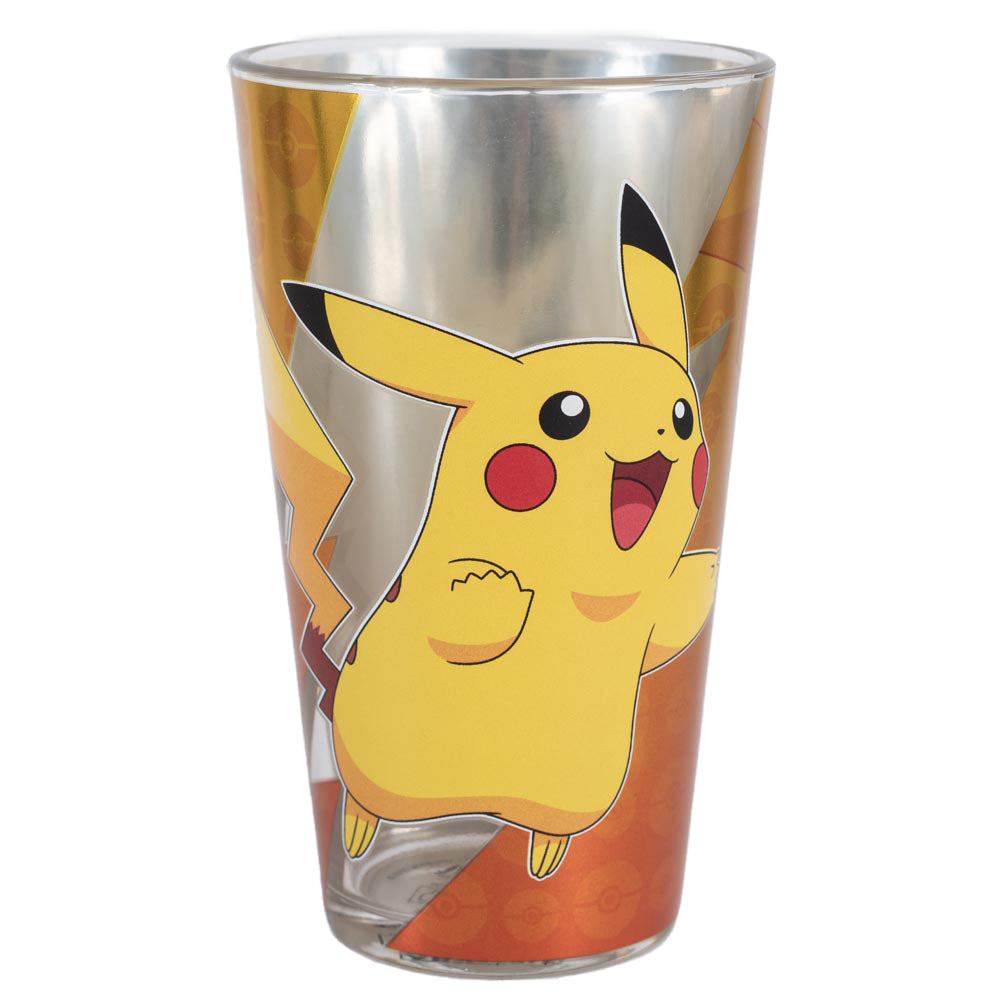 Yellow and gold glass featuring images of Pikachu in action, Ideal for everyday use