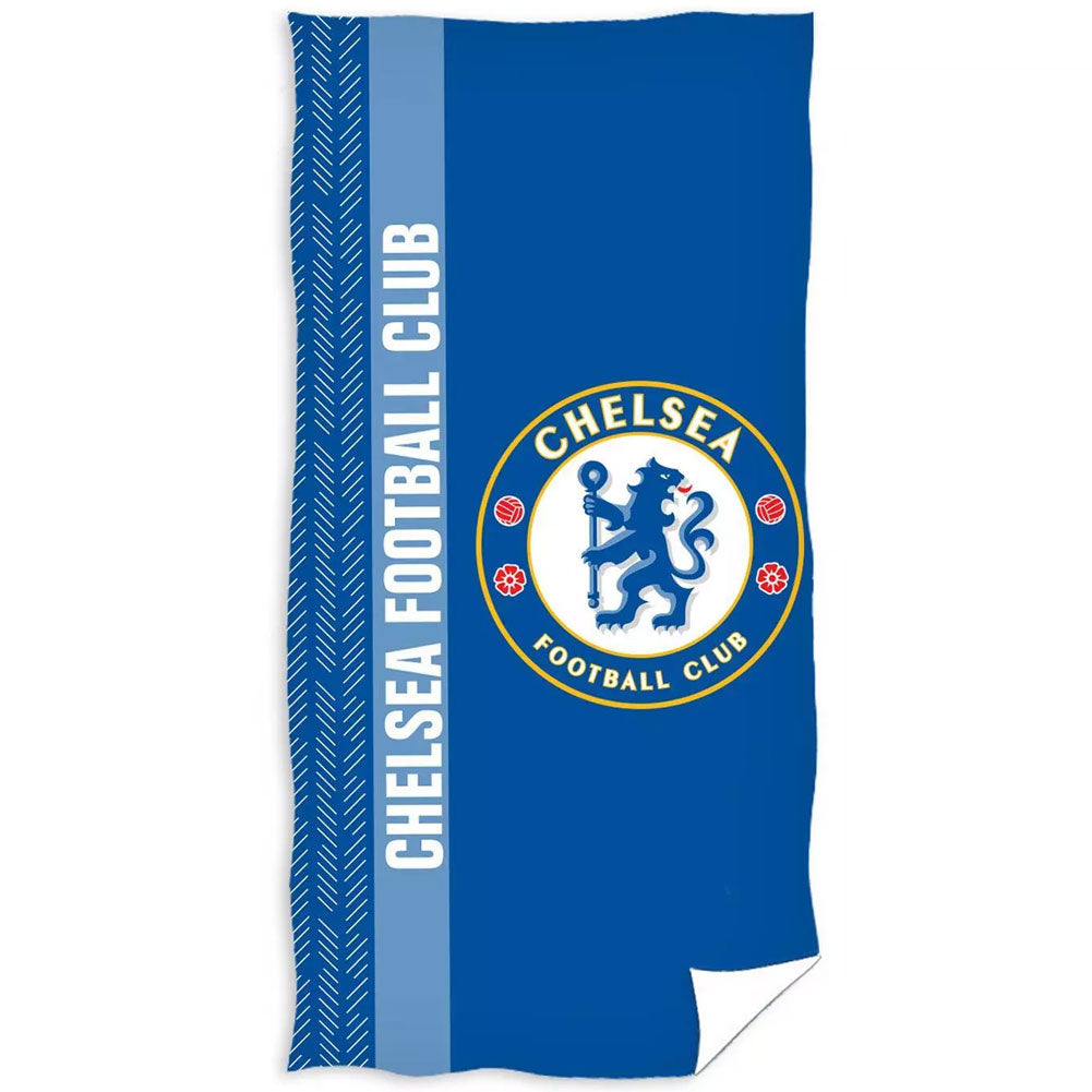 Large soft to touch 100% cotton velour beach towel, Features a Chelsea FC club crest in the middle with the text Chelsea Football Club on one side in white