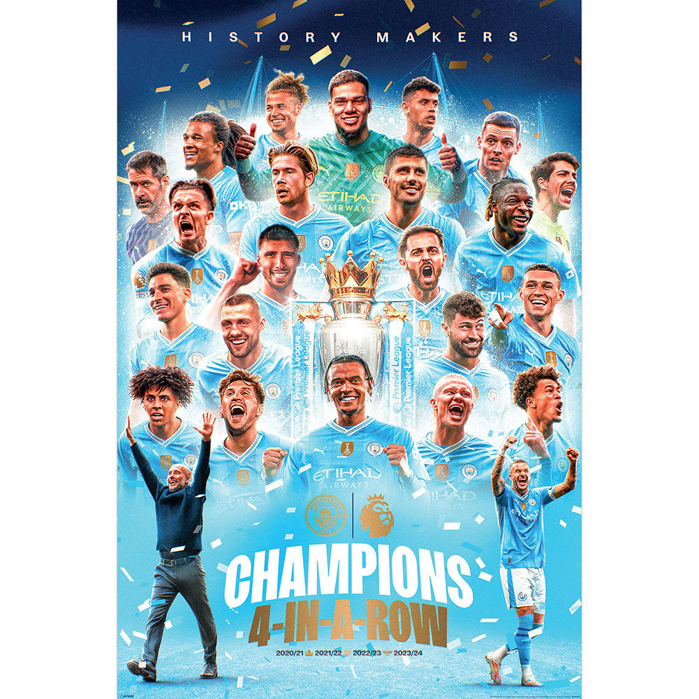 Rolled maxi poster, Featuring artwork of the 4 In A Row Premier League Champions