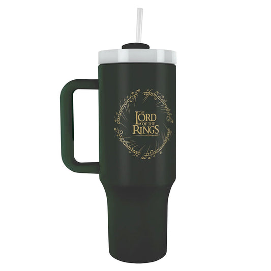 Sleek black Lord of the Rings 40oz thermal tumbler with Elvish inscription, ideal for fans of all ages