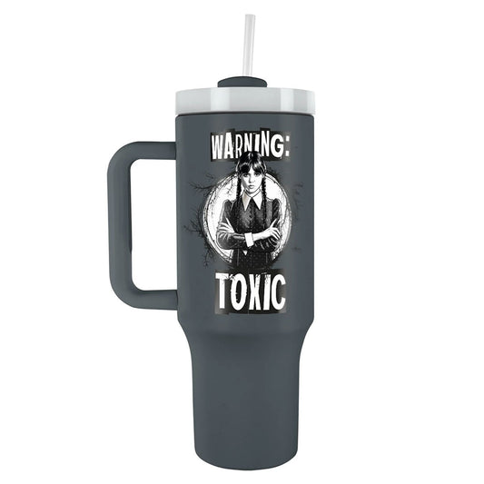 Charcoal grey Wednesday Addams themed 40oz thermal mug, with the text 'WARNING: TOXIC' in two positions 