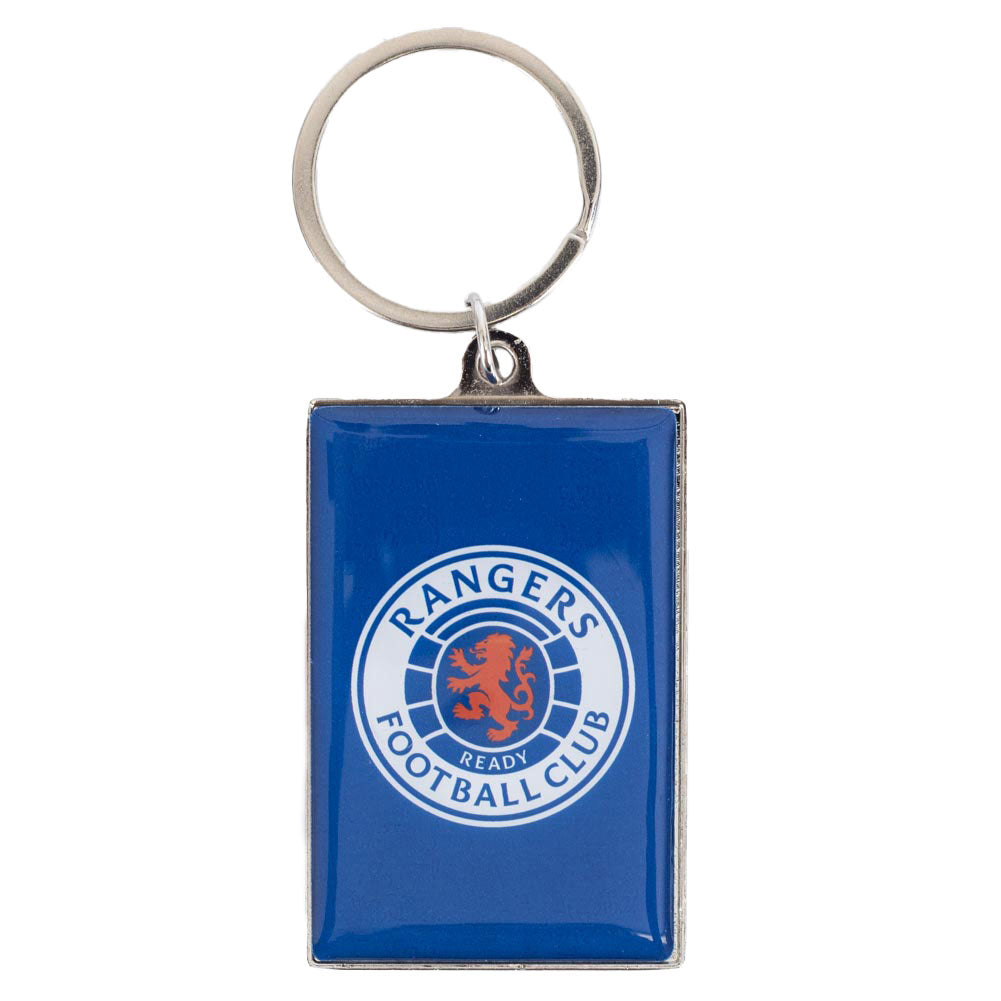 Vibrant deluxe heavy metal keyring with split ring, Rectangle design featuring the Rangers crest