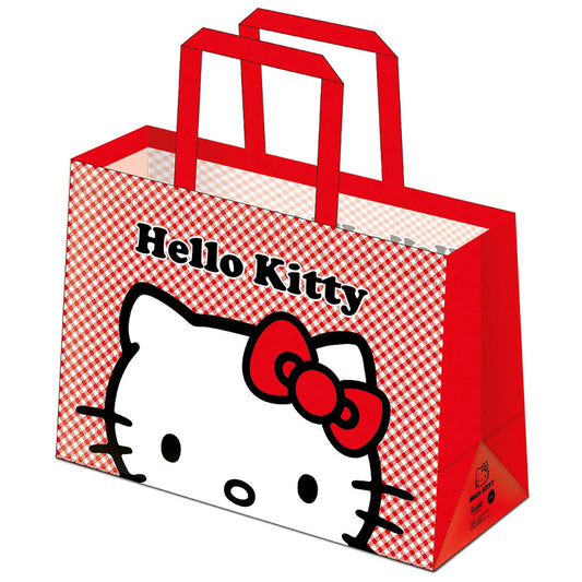 Red and white reusable shopping bag featuring a large image of Hello Kitty peeking on both sides