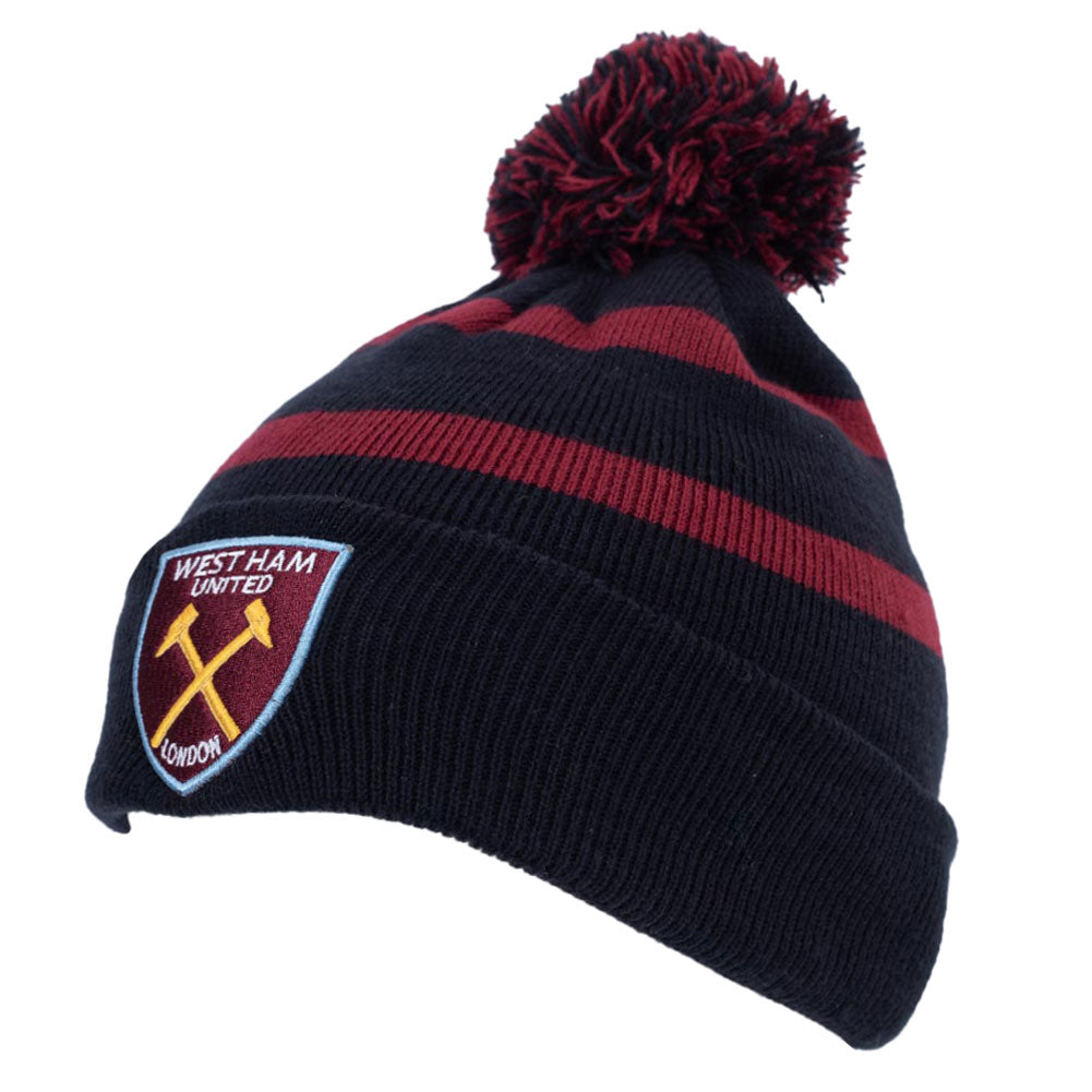 Navy cuff knit beanie bobble hat with claret stripe detail