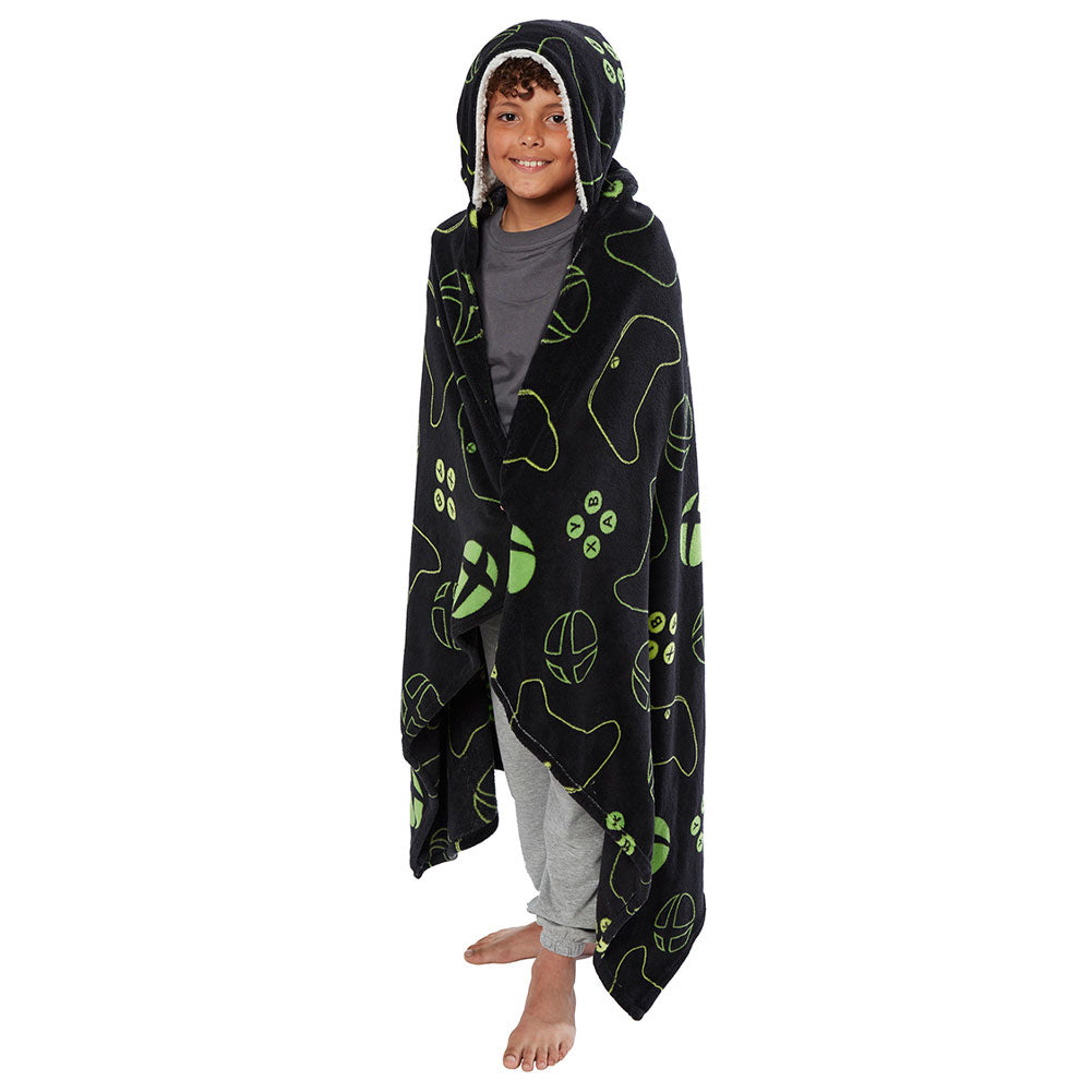 Luxury black poncho, featuring a multi Xbox design and hood to keep you extra cosy 