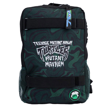 Black and dark green premium backpack featuring a white TMNT: Mutant Mayhem design on the front