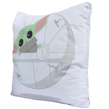 White cushion featuring an image of a smiley Grogu on one side