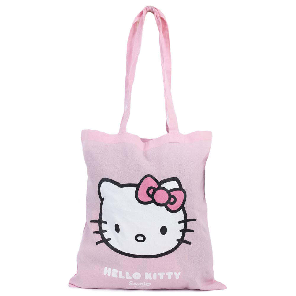 Pastel pink tote bag featuring a large image of Hello Kitty on one side