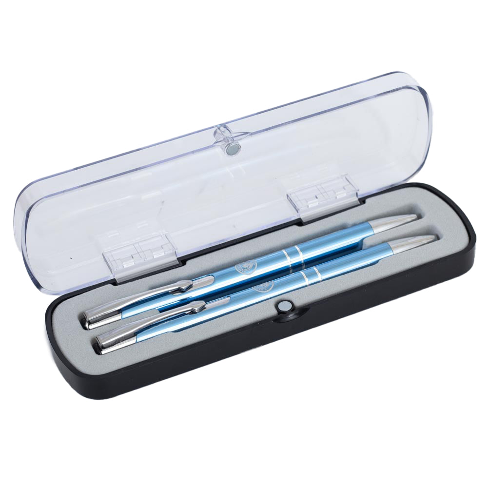 Blue pen and pencil gift set featuring a silver City crest