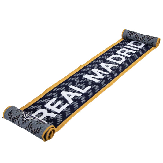 Navy blue woven scarf with a gold trim and black and white fringe