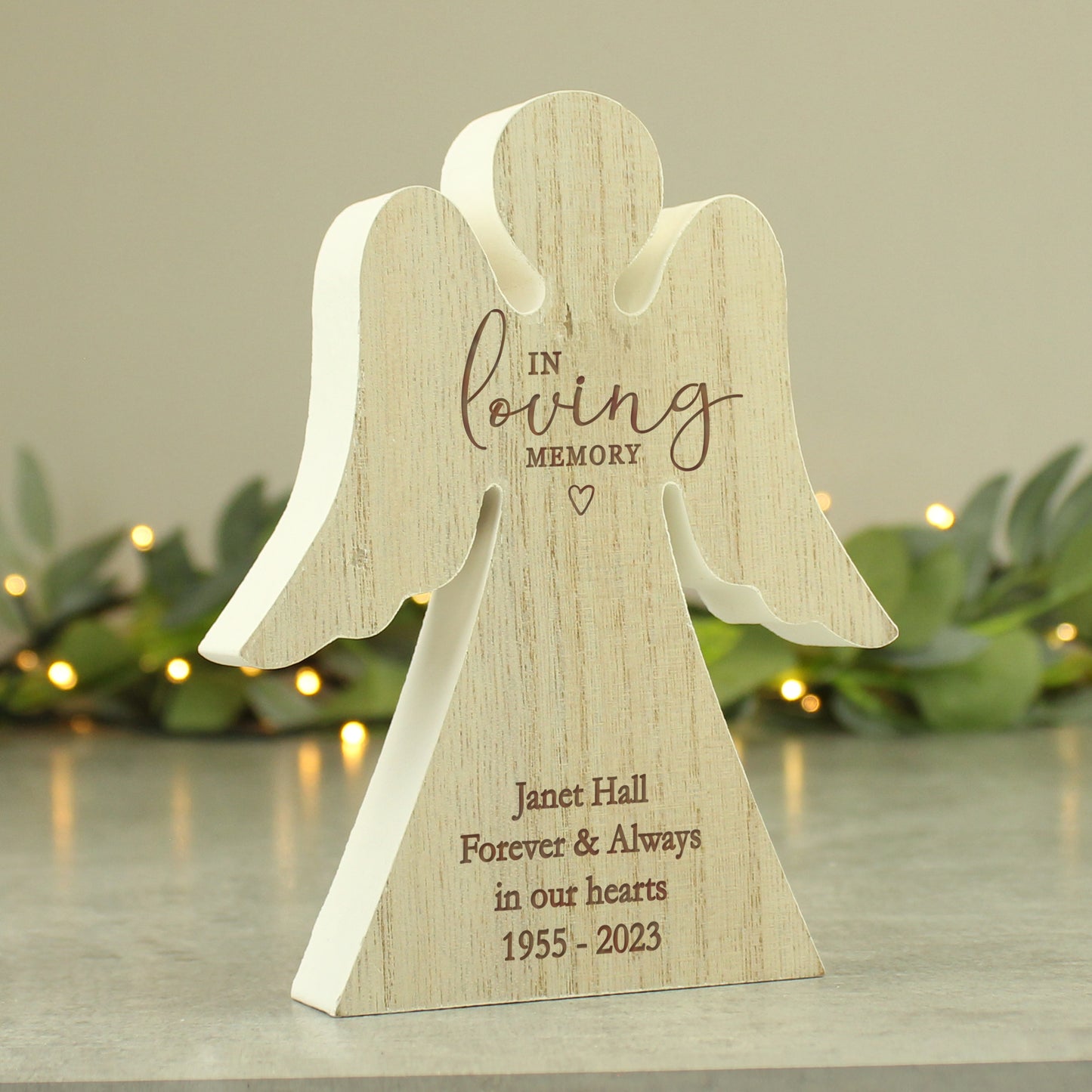 Wooden in loving memory angel ornament